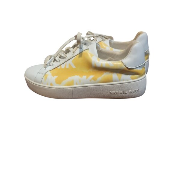 Michael Kors Poppy Logo Stripe Lace Up Sneakers Wave Print Buttercup - Picture 4 of 13